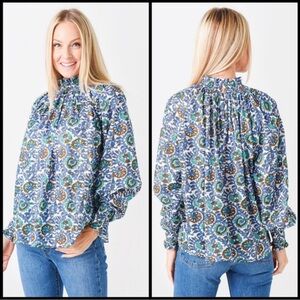 Oliphant Blue/Green/Brown/Gold Floral High Neck Blouse Sz XS
